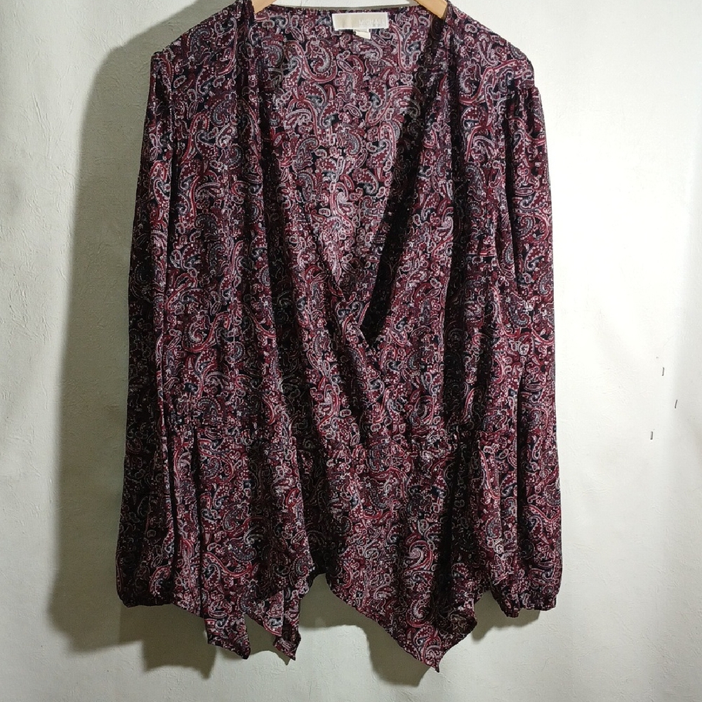 Michael Kors Red and Pink Handherchief Hem Faux Wrap Paisley CrepeBlouse Size 2X